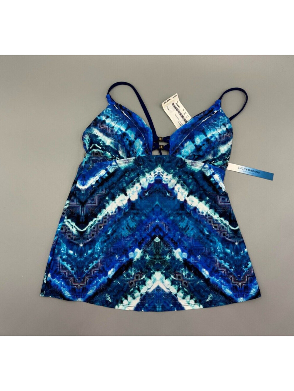 Women’s Lucky Brand Nomad Halterkini Swim Top, Small, Color Blue Geometric, NEW